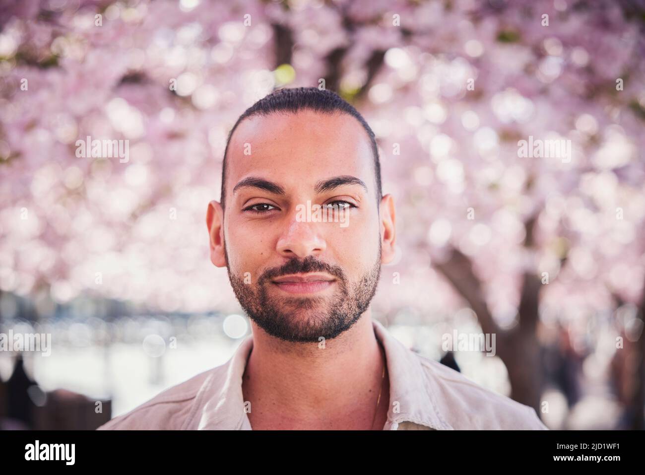 Portrait of young man standing under cherry blossom Stock Photo - Alamy