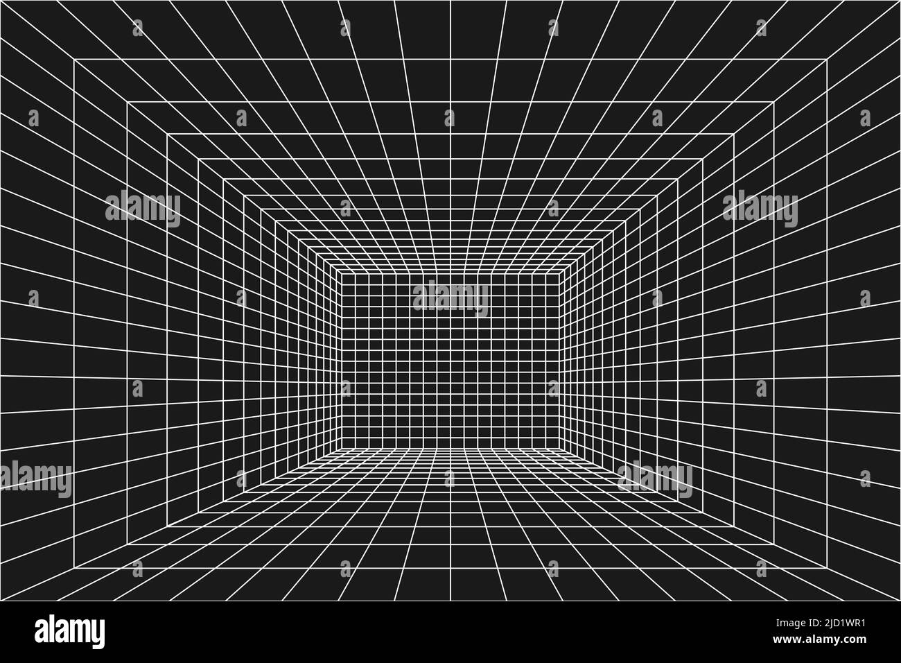 Perspective wireframe grid room. Interior digital box, grid tunnel geometry on black background. Network cyber technology. Vector illustration. Stock Vector