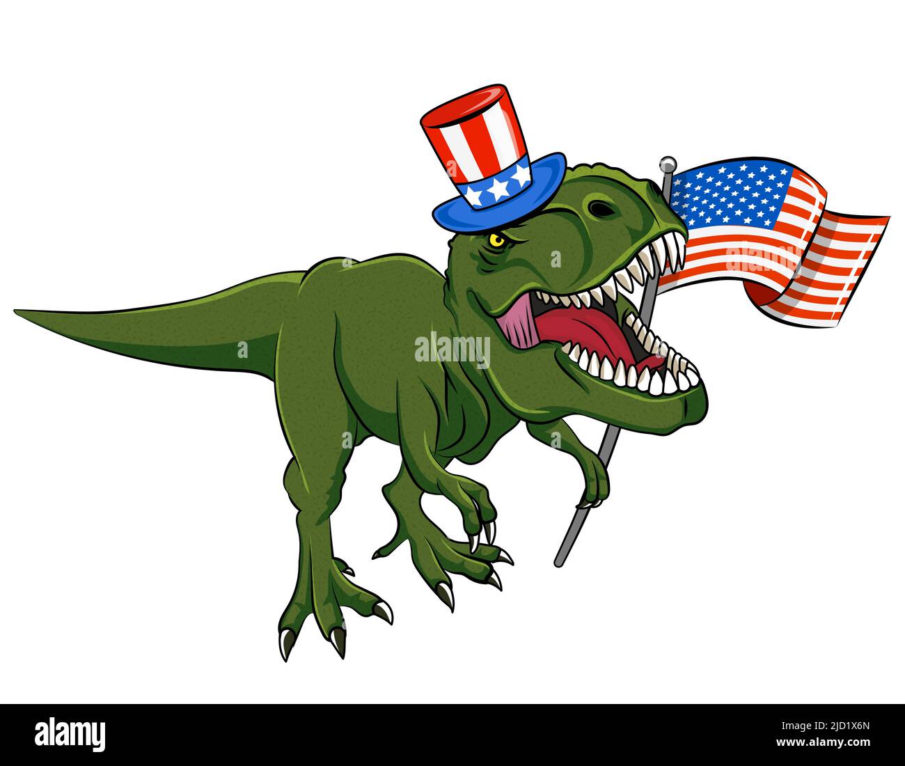 Happy 4th of July - T rex tyrannosaurus with American flag. Cute smiling happy dinosaur with Uncle Sam hat. Dino character in cartoon style. Happy Ind Stock Vector