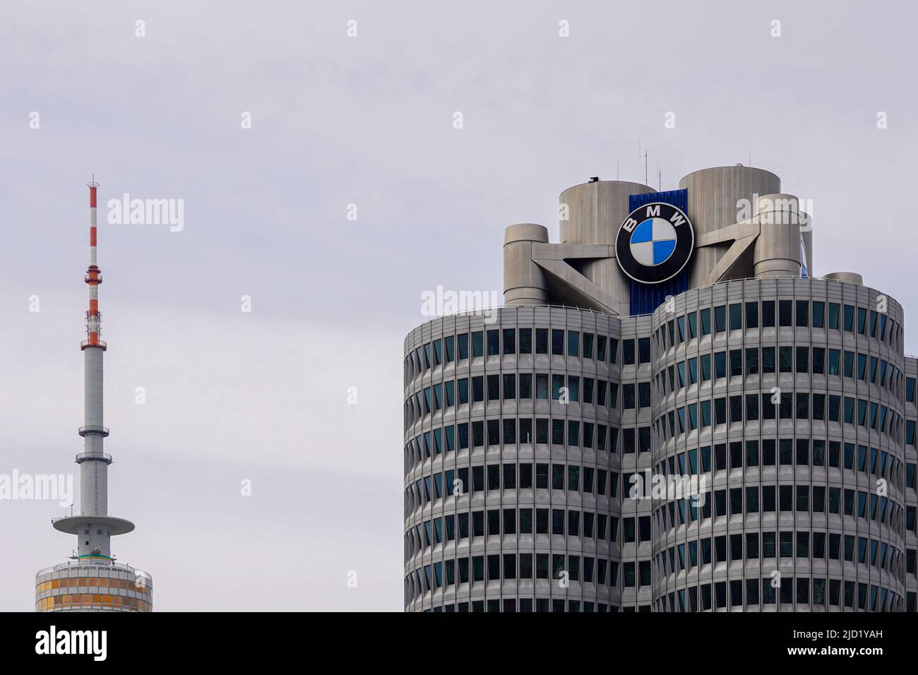 View from BMW Welt of the Olympic Tower and BMW Tower, Munich, Germany, 19.2.22 Stock Photo