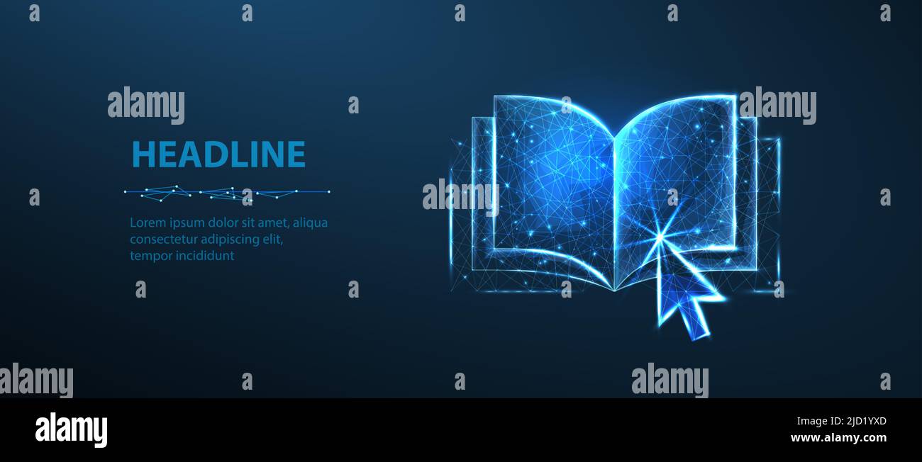 Arrow pointer clicking on digital book. Online educatin, digital library, e-education technology, distant study, guide course, ebooks app Stock Vector