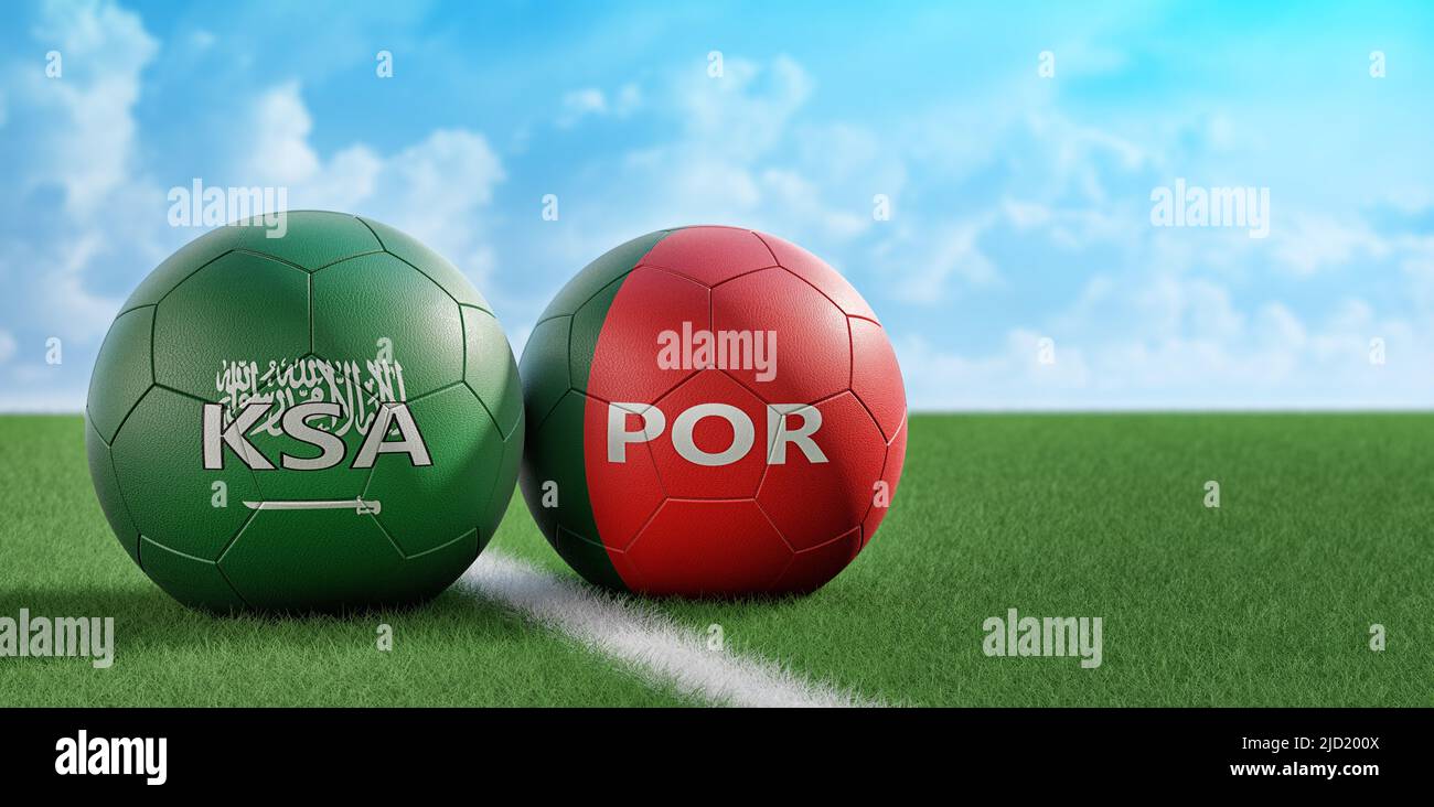 Saudi Arabia vs. Portugal Soccer Match - Leather balls in Saudi Arabia and Portugal national colors. 3D Rendering Stock Photo