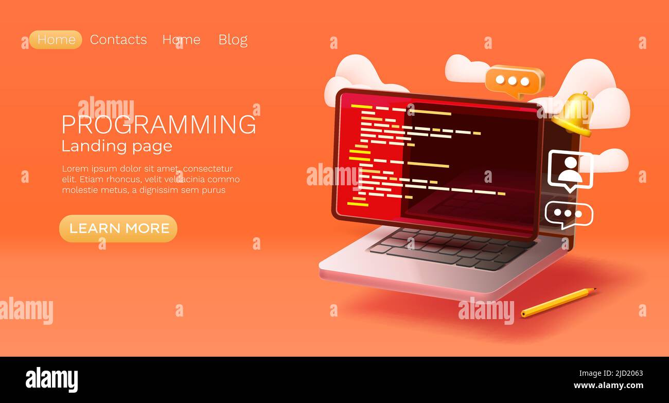 Landing page laptop programming, banner message. Vector illustration Stock Vector