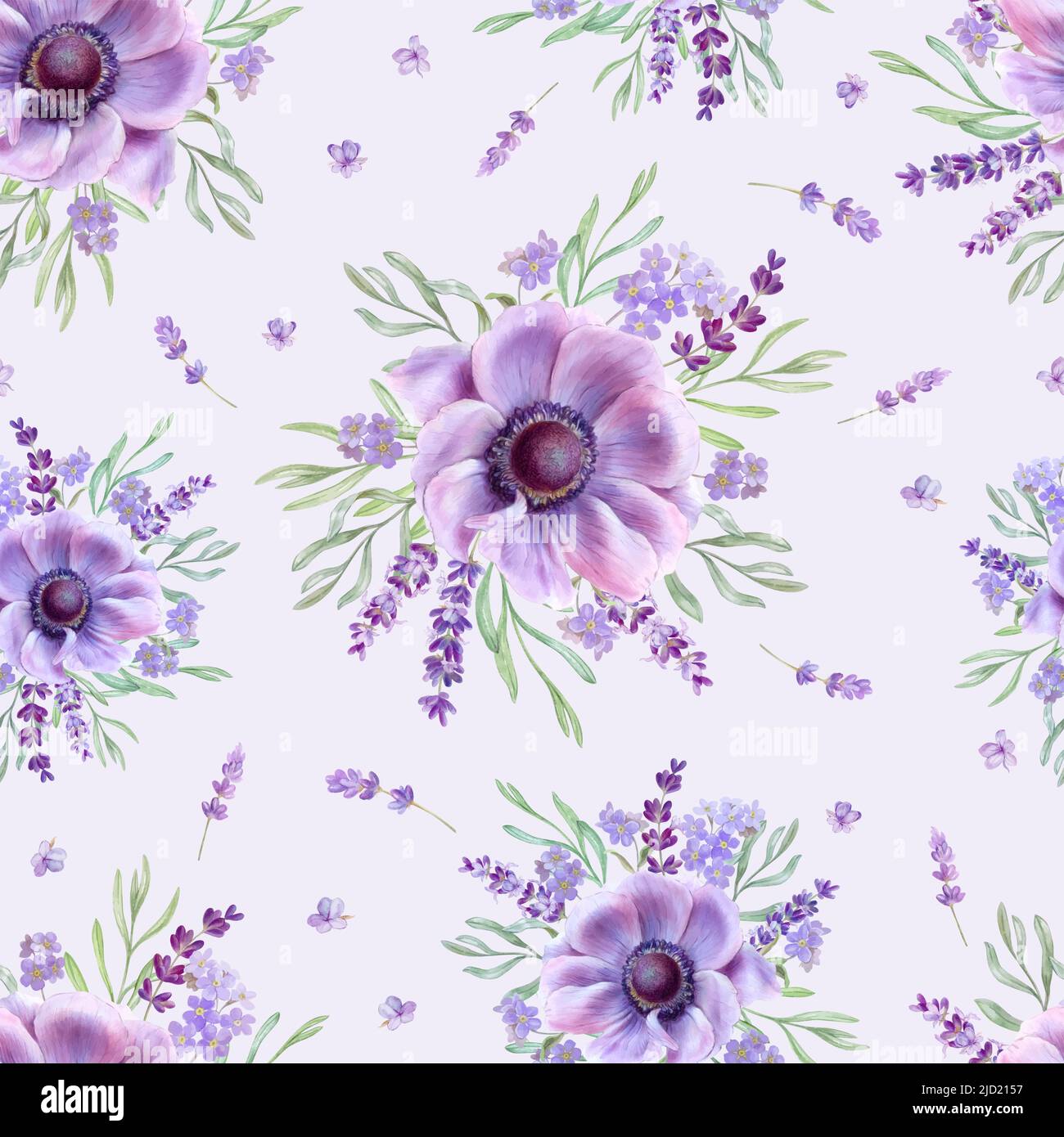 Pattern with pale lilac lavender flowers and anemone, watercolor ...