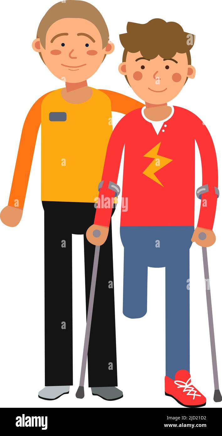 Boy helping disabled friend with crutches. Friendship diversity concept