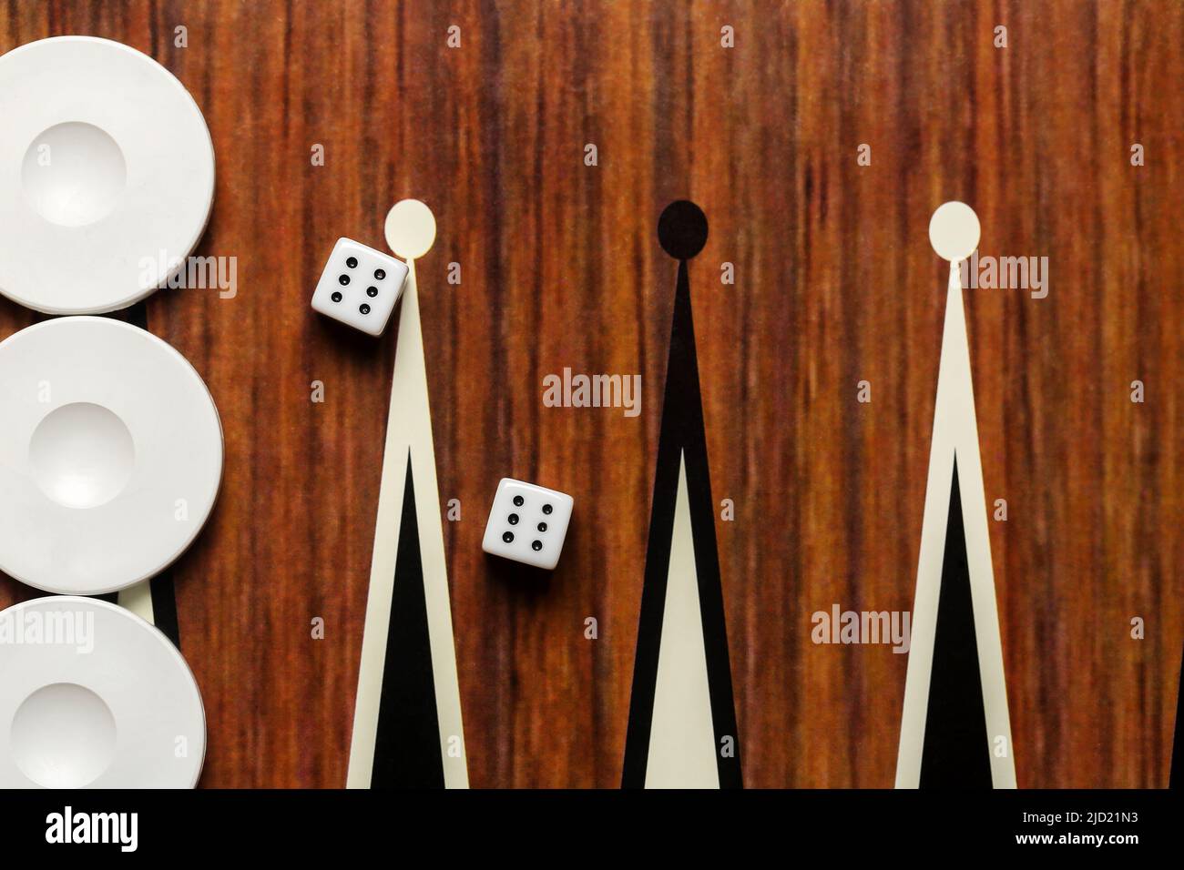 backgammon board with pieces and dice closeup Stock Photo