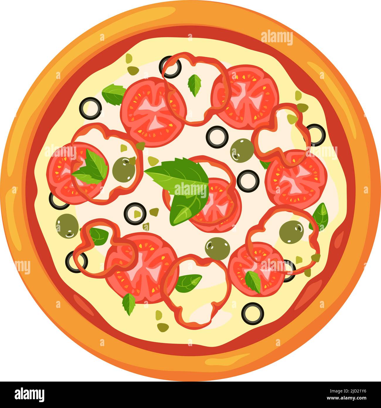 Vegetarian pizza with fresh vegetables. Food cartoon icon Stock Vector