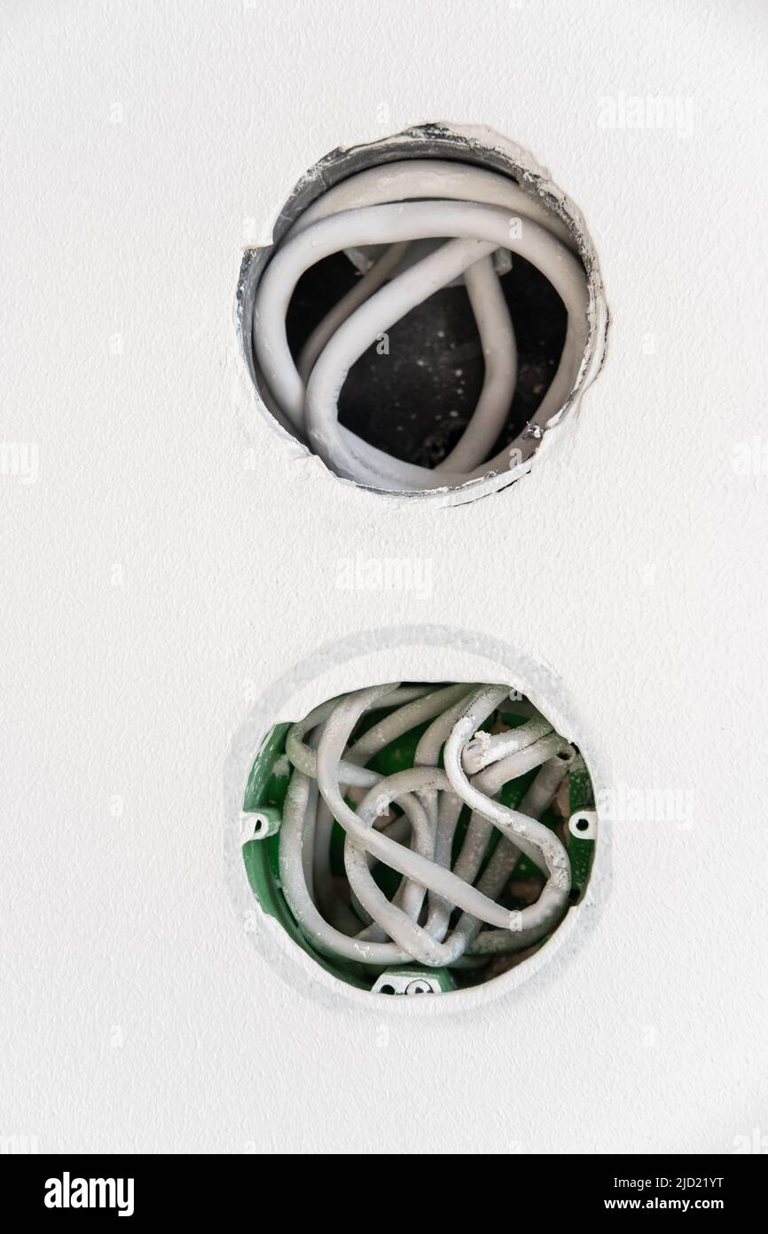 New electrical installation, holes for sockets and electrical cables on