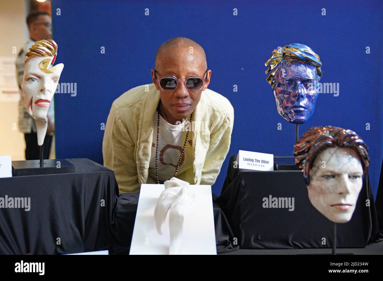 Band member Gail Ann Dorsey with some of sculptures of the late David Bowie during the World David Bowie Fan Convention at St George's Hall, in Liverpool. Picture date: Friday June 17, 2022. Stock Photo