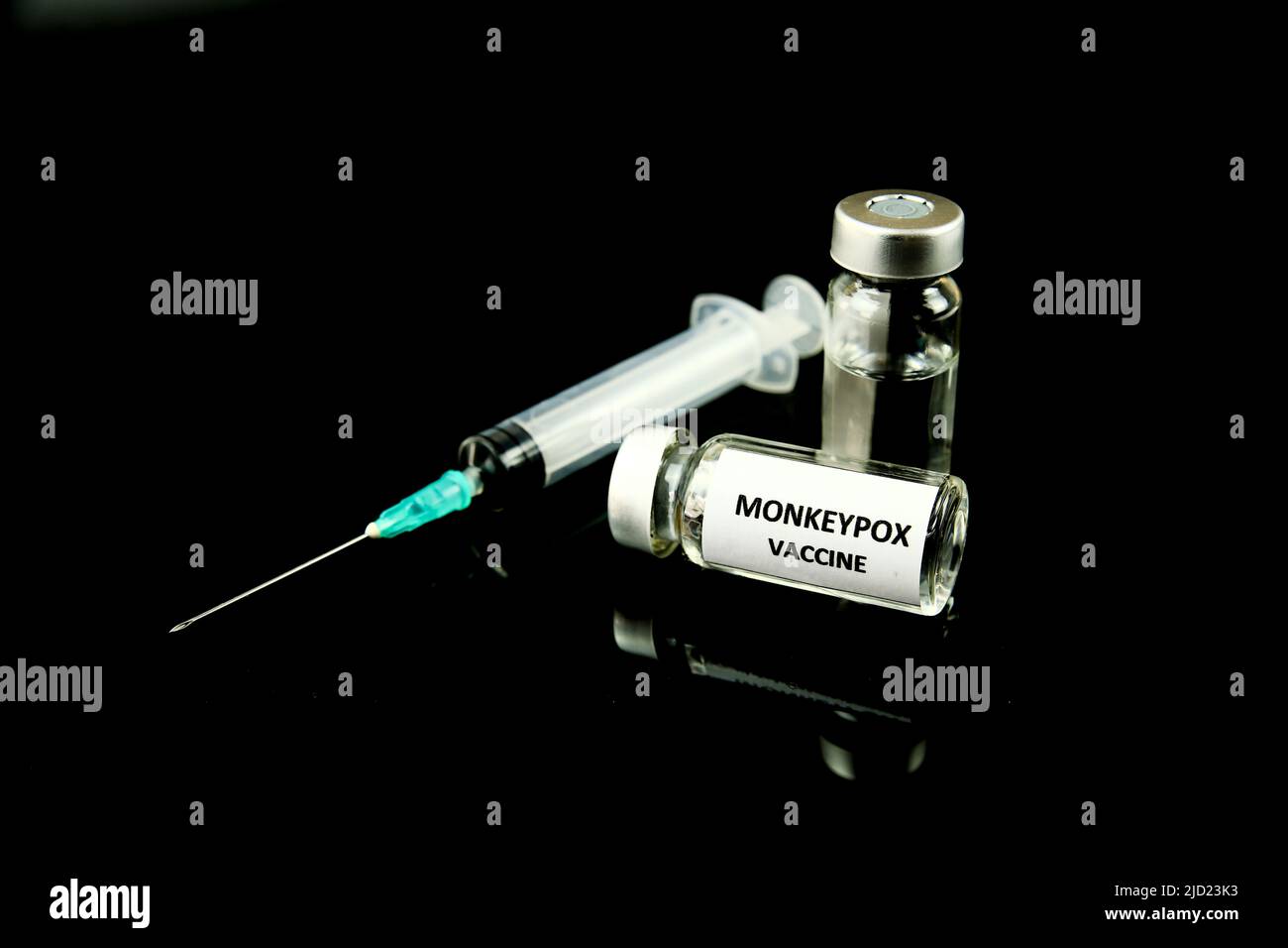 Close up picture of syringe and vials filled with Monkeypox vaccine on ...