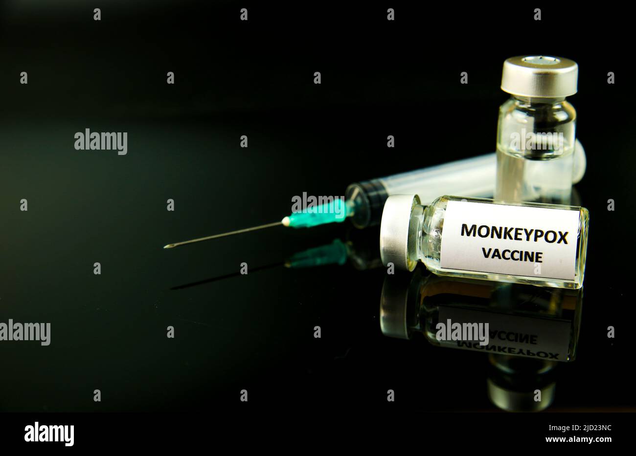 Close up picture of syringe and vials filled with Monkeypox vaccine on ...