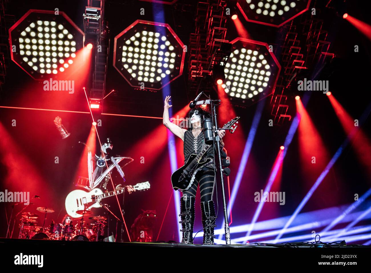 Copenhagen, Denmark. 16th June, 2022. The American rock band Kiss performs  a live concert during the Danish heavy metal festival Copenhell 2022 in  Copenhagen. Here vocalist and guitarist Paul Stanley is seen