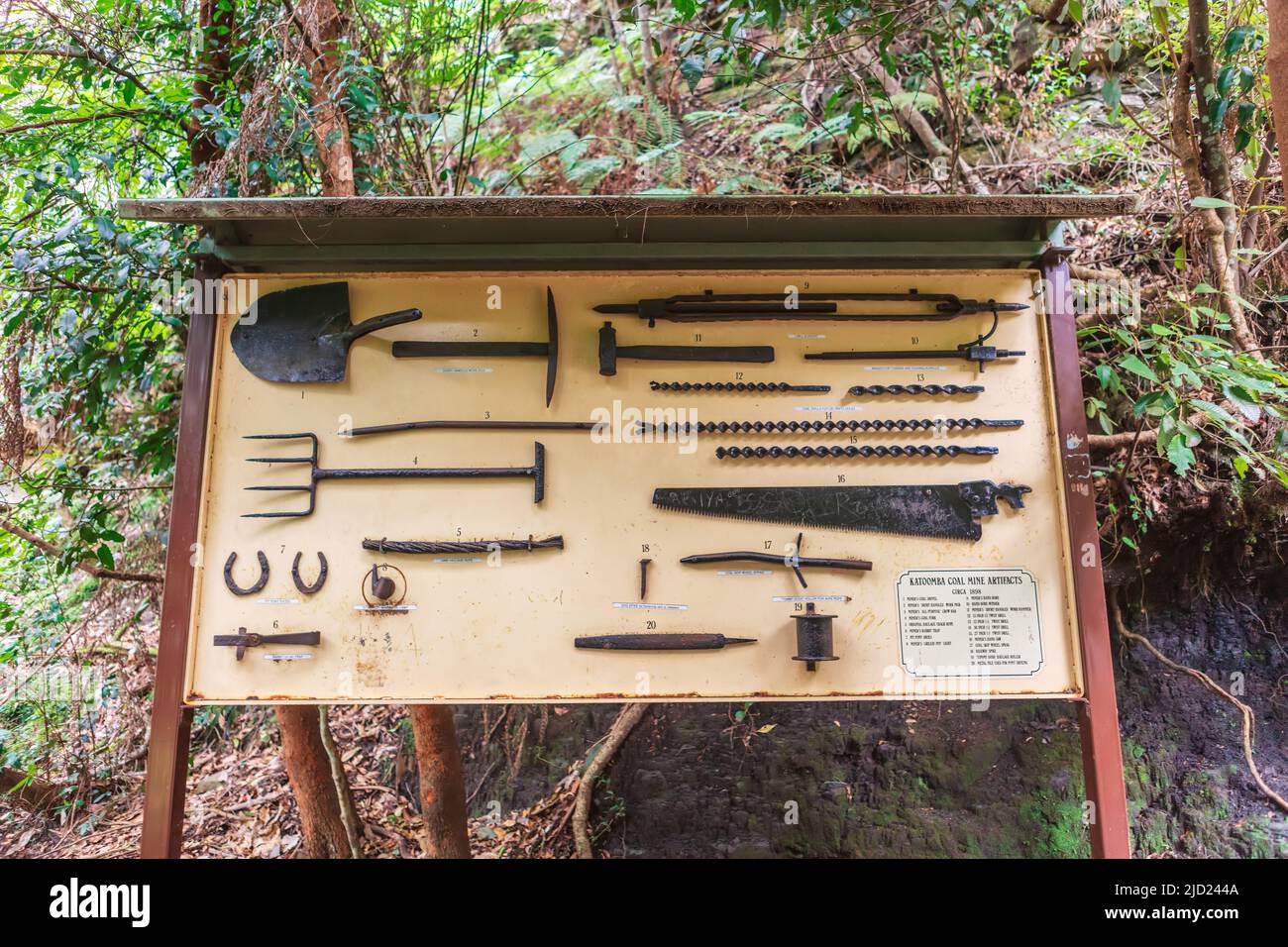 Historic mining tools display at the Blue Mountains National Park, New South Wales, Australia. Stock Photo