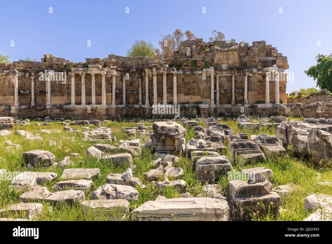 Ruins of the Monumental Fountain, Nymphaeum, in the ancient city of Side, Turkey. Stock Photo