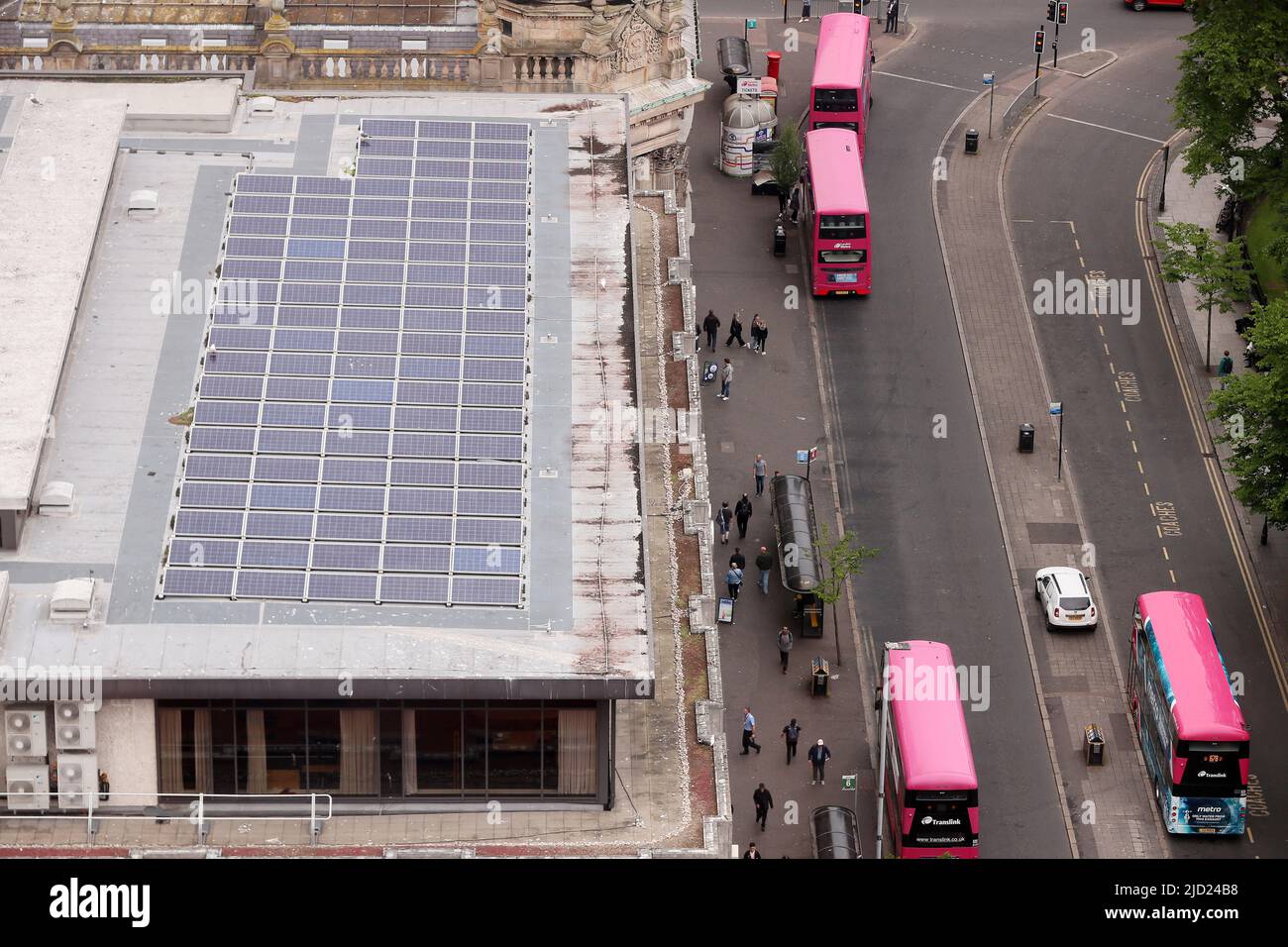 Solar panels on a building roof top in Belfast City Centre, Northern