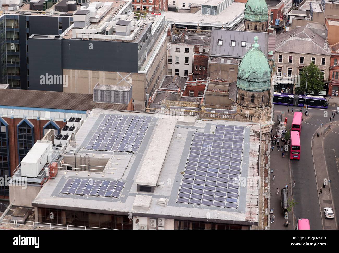 Solar panels on a building roof top in Belfast City Centre, Northern