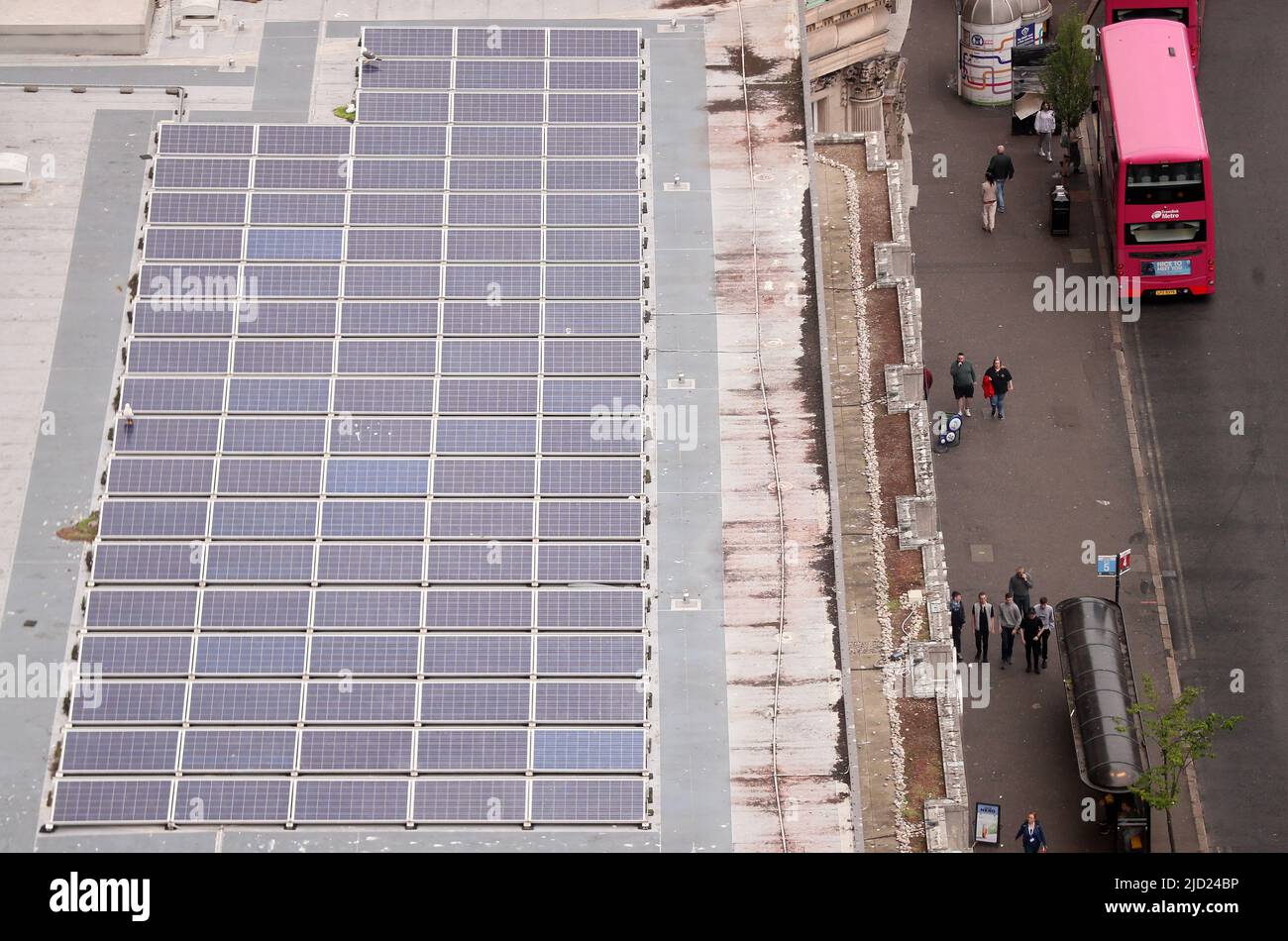 Solar panels on a building roof top in Belfast City Centre, Northern