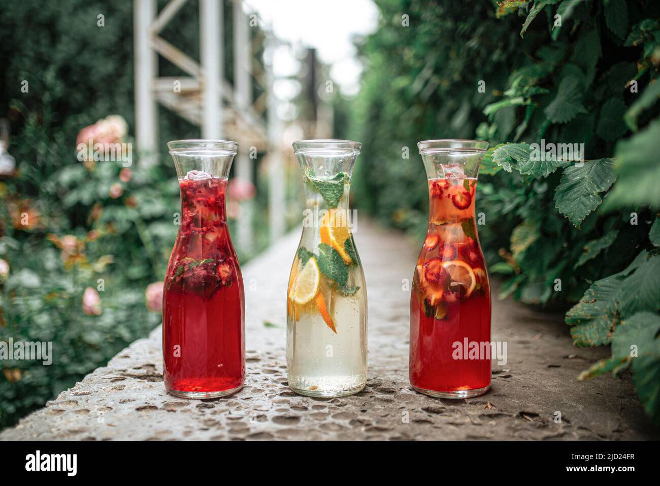 https://c8.alamy.com/comp/2JD24FR/three-glass-jugs-of-fresh-berry-and-fruit-lemonade-2JD24FR.jpg