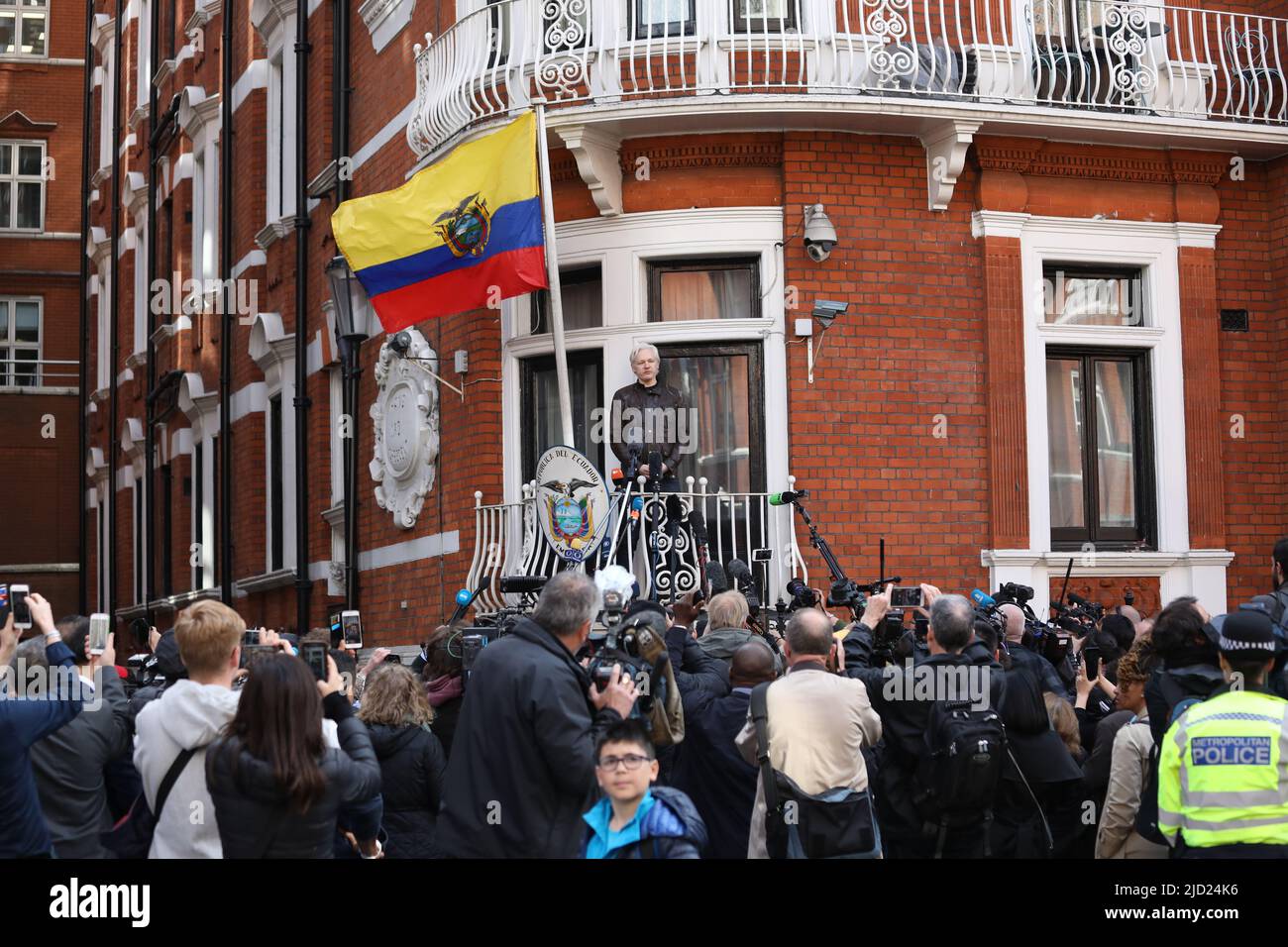 File photo dated 19/05/17 of Julian Assange speaking from the balcony of the Ecuadorian embassy in London, as Home Secretary Priti Patel has signed an order to extradite the Wikileaks founder to the US to face espionage charges. Issue date: Friday June 17, 2022. Stock Photo