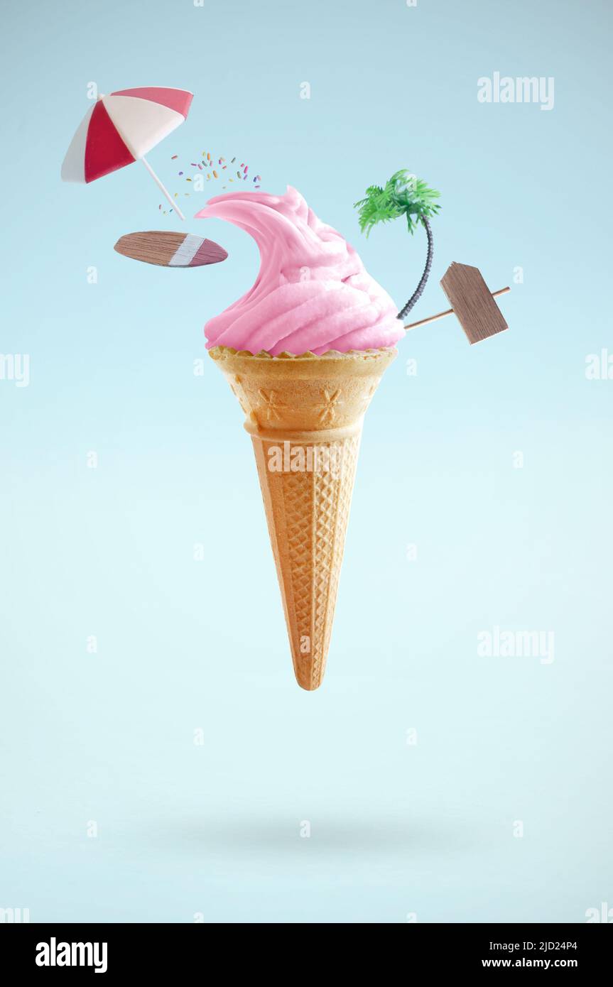 Strawberry ice cream 'wave' with surfboard, beach sign and palm tree Stock Photo