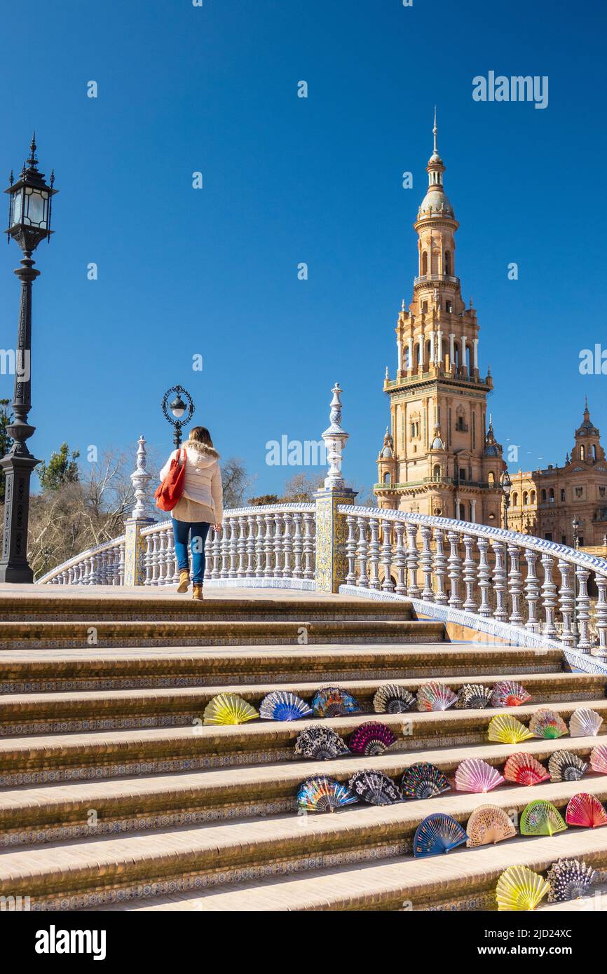 The Plaza Of Spain In Maria Luisa Park Steps Of The Bridge Spanish Flamenco Fans For Sale Built For The Ibero-American Exposition of 1929 Seville Spai Stock Photo