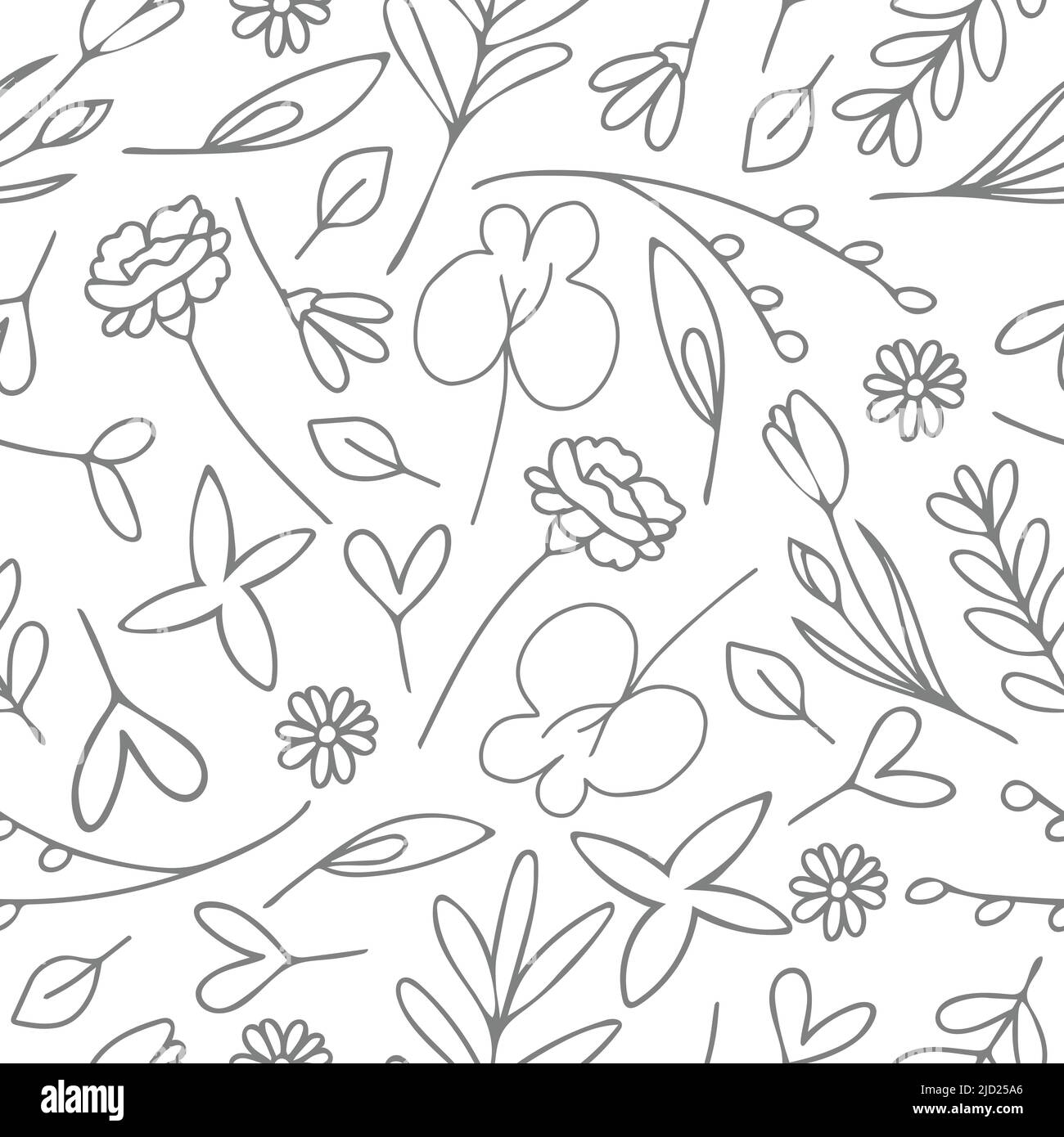 Seamless vector pattern with flowers and leaves on white background. Simple liner art wallpaper design. Sketch hand drawn pencil art. Stock Vector