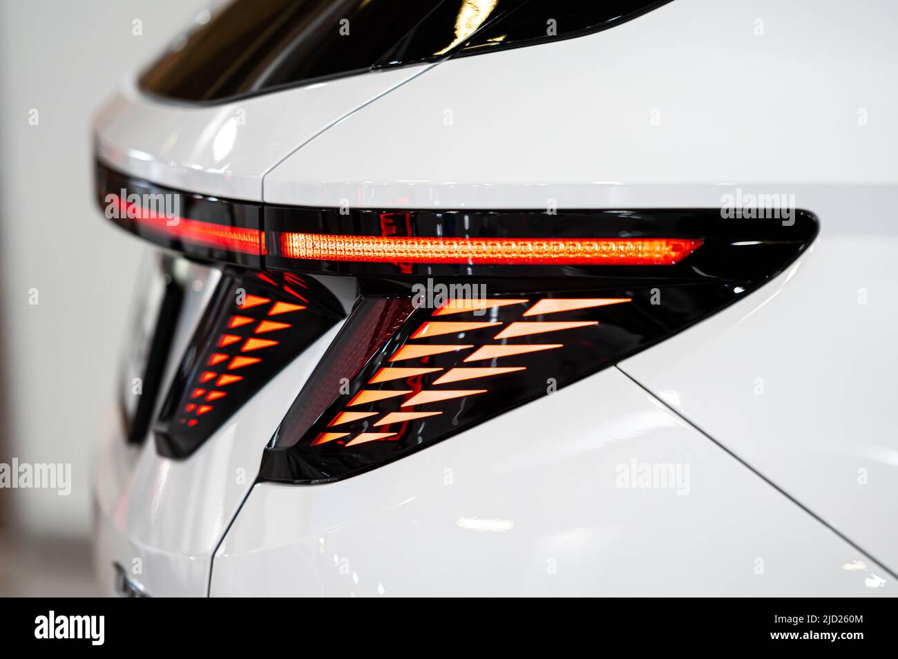 Riga, Latvia, April 29, 2022: LED rear lights and car design closeup of nev Hyundai Tucson N Line crossover, model 2022 Stock Photo