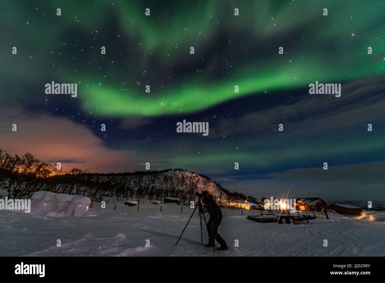 Capturing Aurora borealis in Varanger, Finnmark, Norway in March. Stock Photo