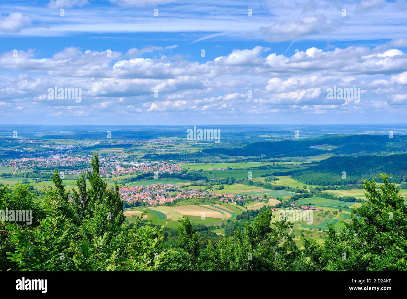 Picturesque view of the Zollernalb landscape from the Alb ridge on Raichberg, Swabian Alb near Albstadt, Baden-Württemberg, Germany. Stock Photo