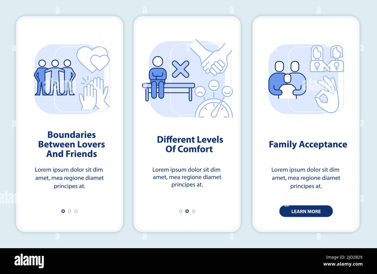 Issues within LGBT couples light blue onboarding mobile app screen ...