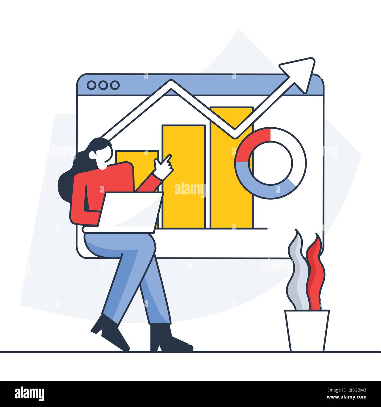 Cartoon Woman Using Laptop At Workplace With Presentation Infographic Diagram On White Background. Stock Vector