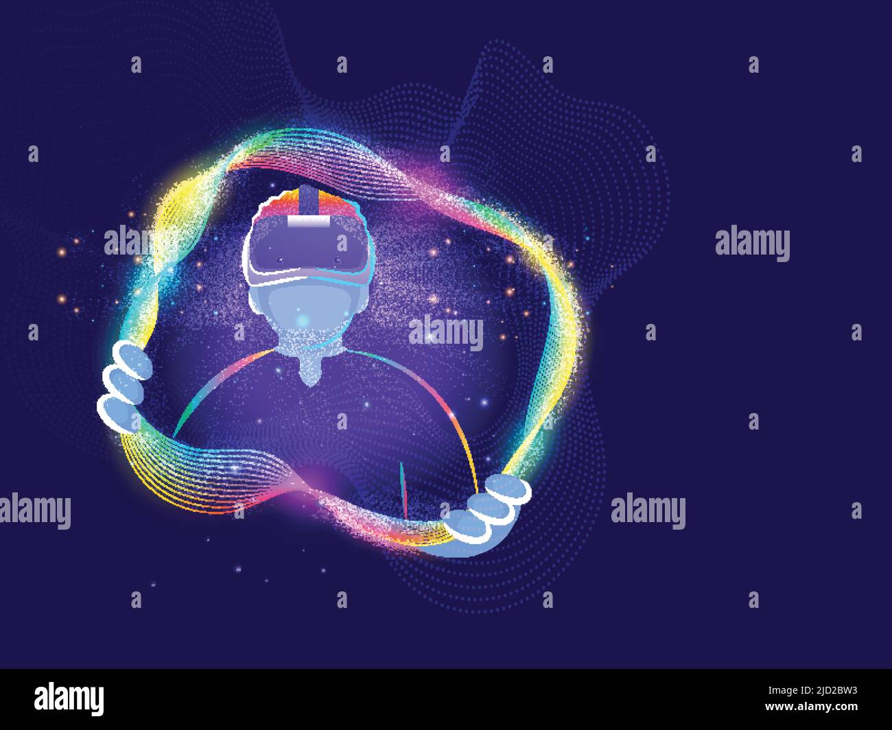 Cartoon Man Wearing VR Glasses With Lights Effect And Abstract Waves On Blue Background. Stock Vector