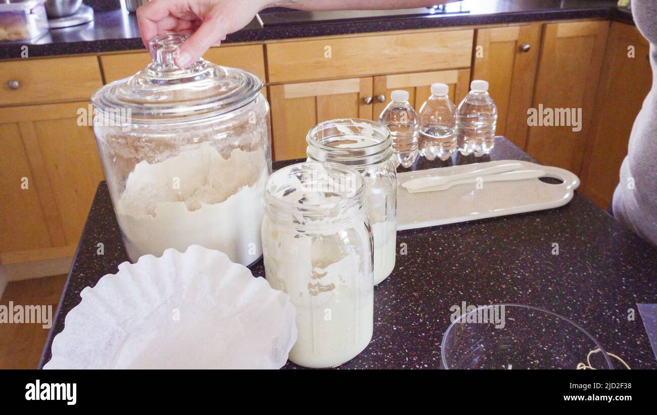 Feeding sourdough starter with water and flour Stock Photo Alamy