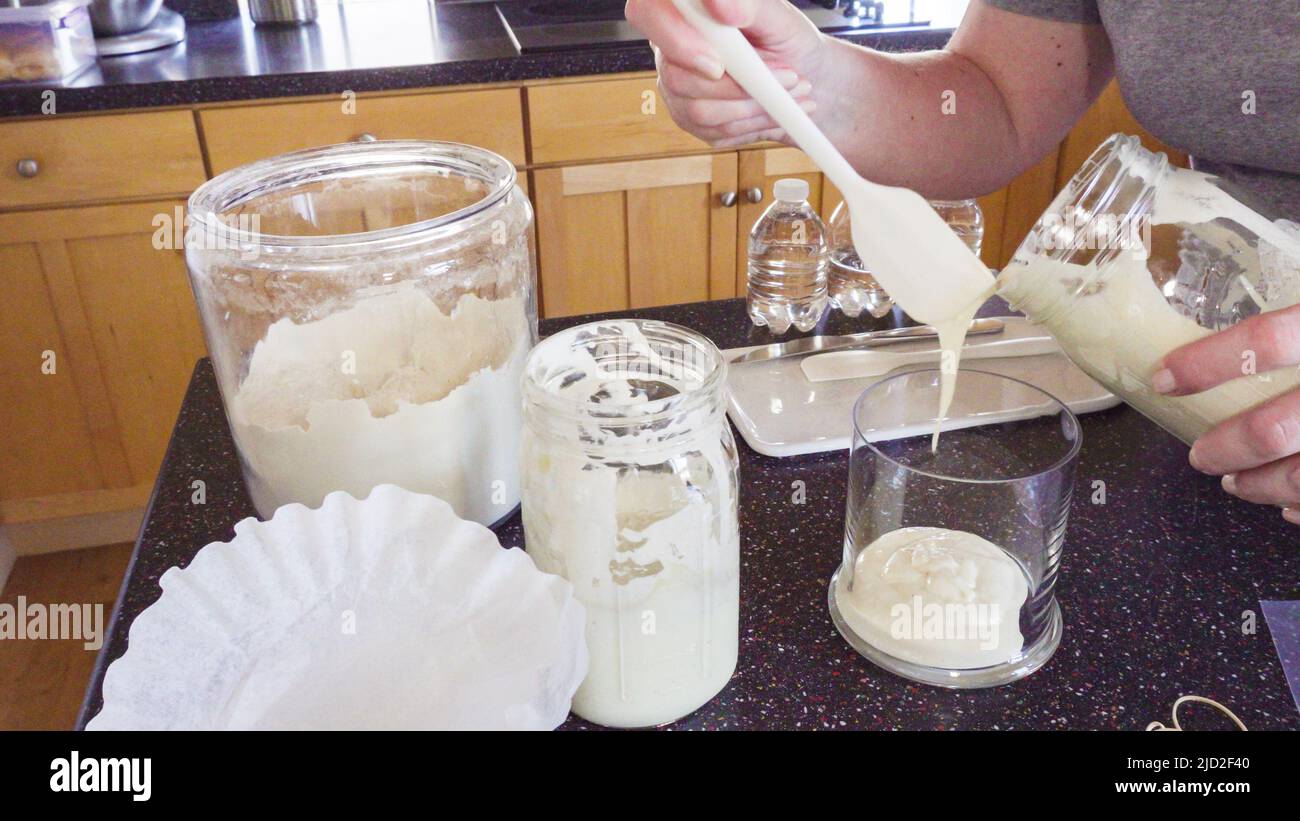 Feeding sourdough starter with water and flour Stock Photo Alamy