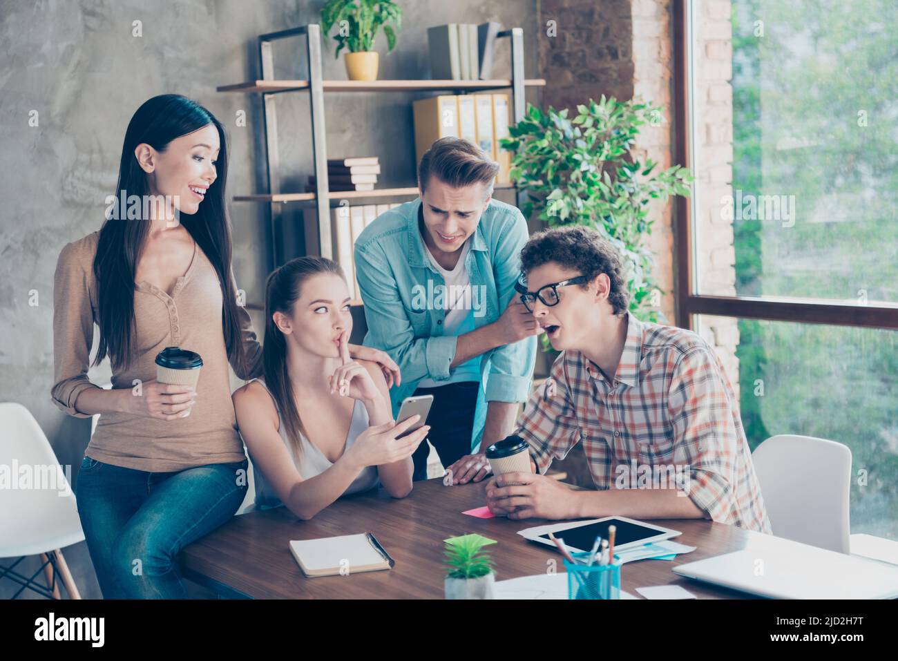 Photo of group of people have fun together chatting with each other