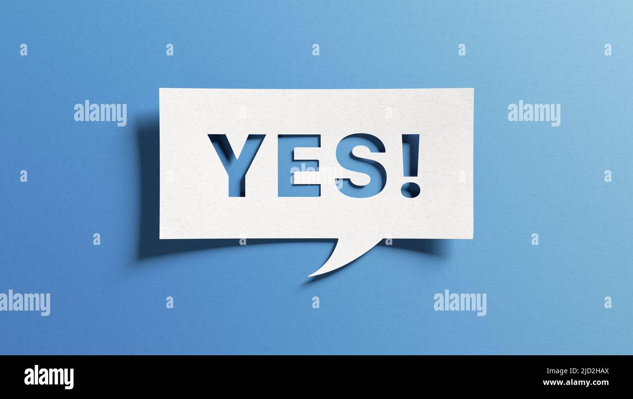 Yes sign showing positive answer, joy, agreement, celebration, affirmative decision or determination. Word yes on cutout paper speech buble on blue ba Stock Photo