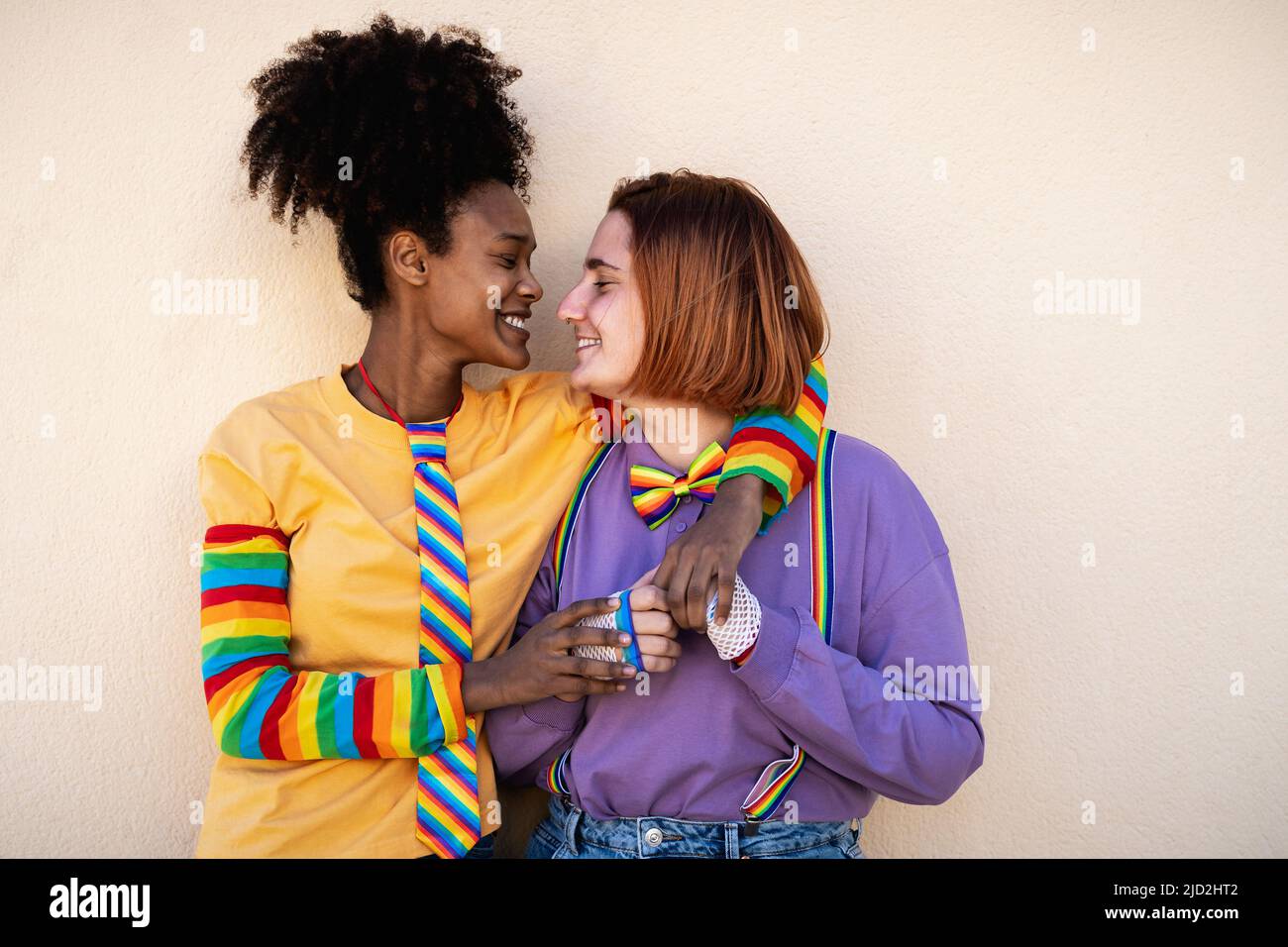 Happy women gay couple having tender moments outdoor - LGBTQ and love concept Stock Photo