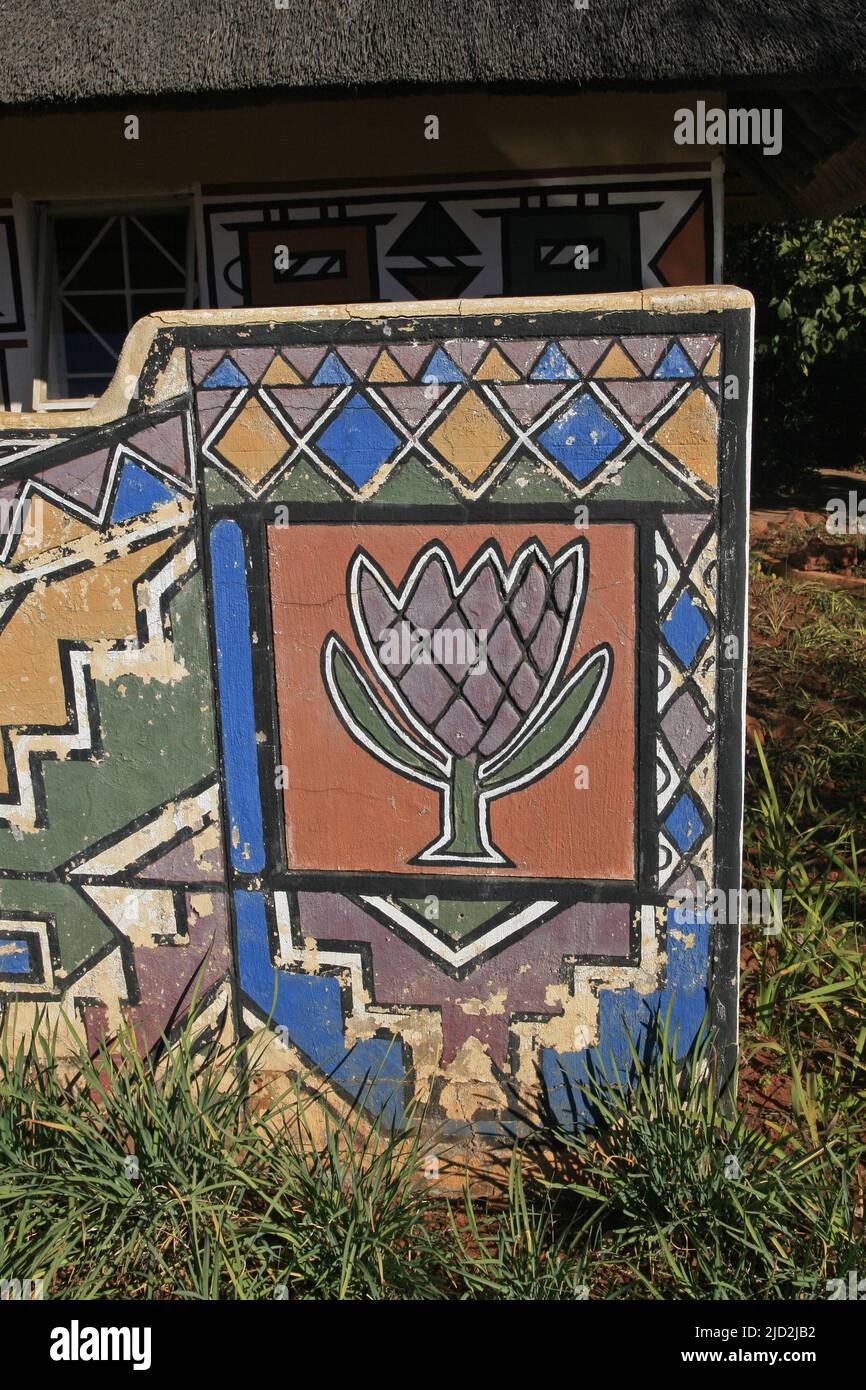 Painting of protea on wall at Ndebele huts, Pretoria National Botanical Garden, Pretoria/Tshwane, Gauteng, South Africa. Stock Photo