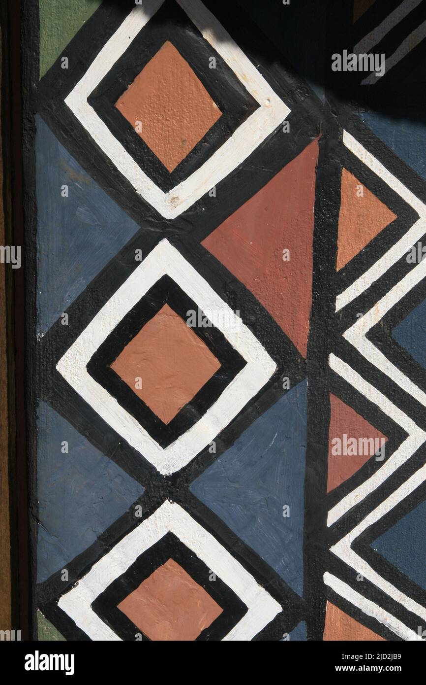 Close-up of painted patterns on Ndebele hut, Pretoria National Botanical Garden, Pretoria/Tshwane, Gauteng, South Africa. Stock Photo