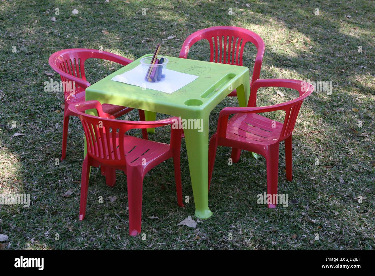 Children's entertainment area with chairs, tables, paper and colouring pencils and crayons, Pretoria National Botanical Garden, Pretoria/Tshwane, Gaut Stock Photo