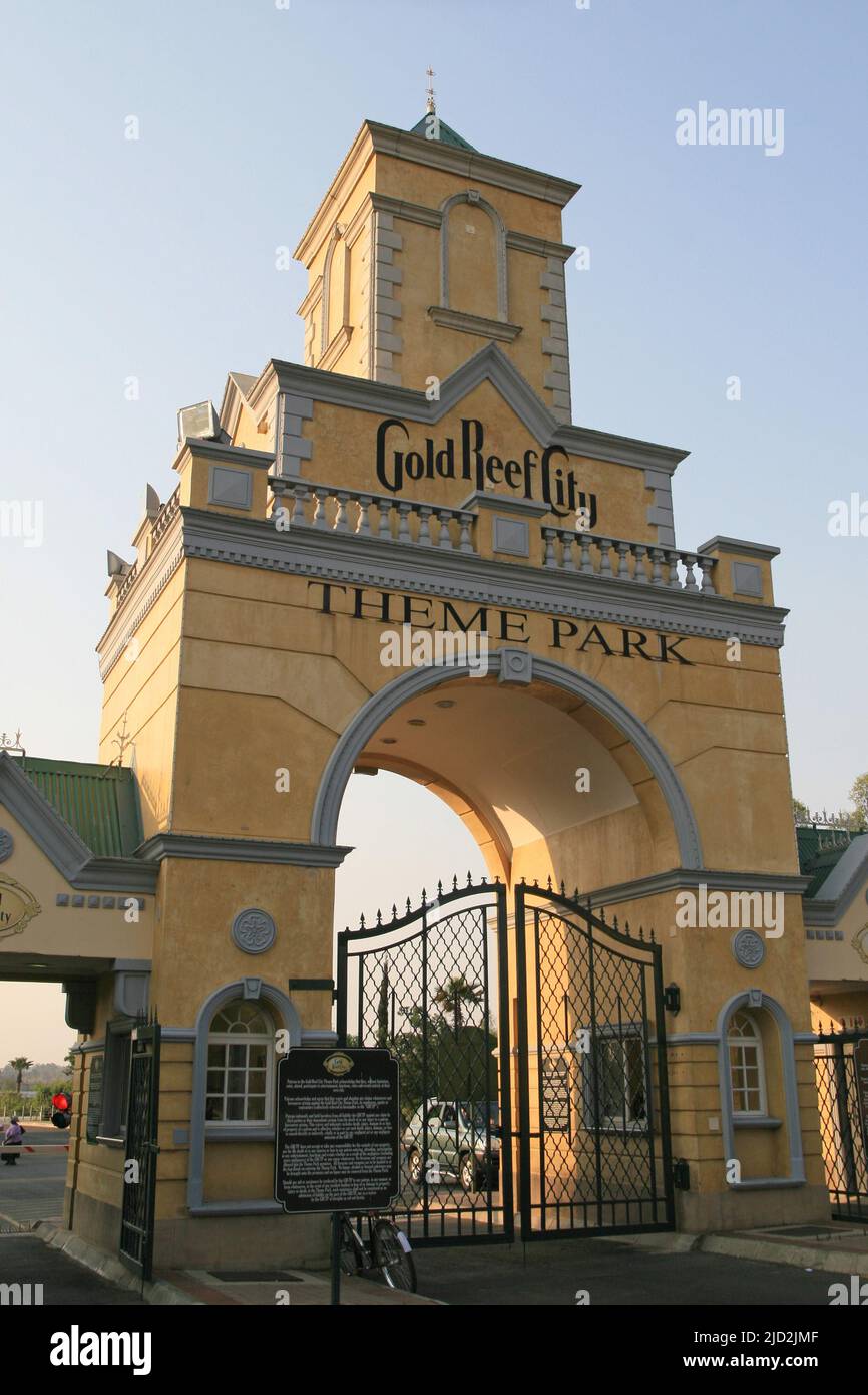 Front entrance arch to Gold Reef City Theme Park, Johannesburg, Gauteng, South Africa. Stock Photo