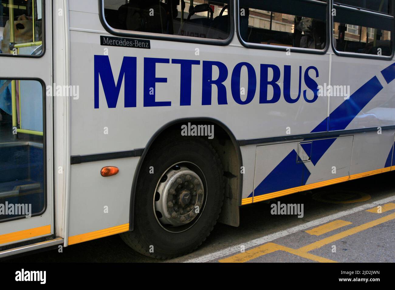 Mercedes Metrobus at bus stop, Braamfontein, Johannesburg, Gauteng, South Africa. Stock Photo