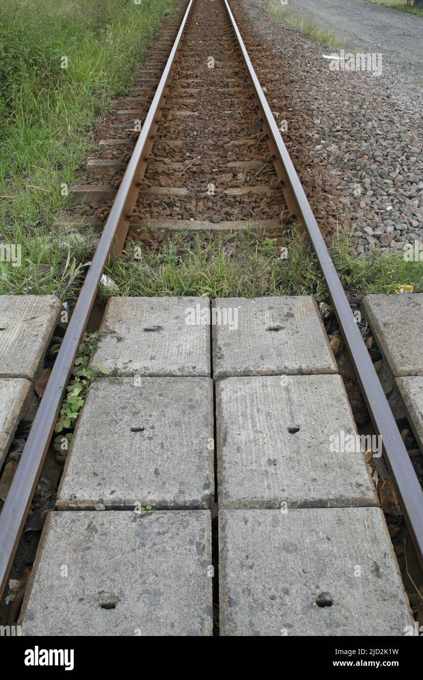 Close-up of train track near at the construction site of Moses Mabhida Stadium, Durban, KwaZulu Natal, South Africa. Stock Photo