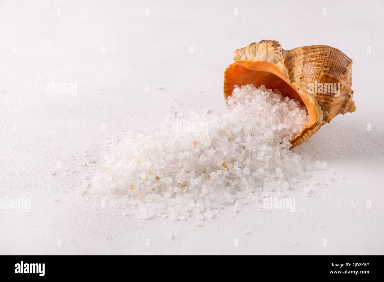 Organic spa sea salt is poured into a pile and a shell from the sea Stock Photo