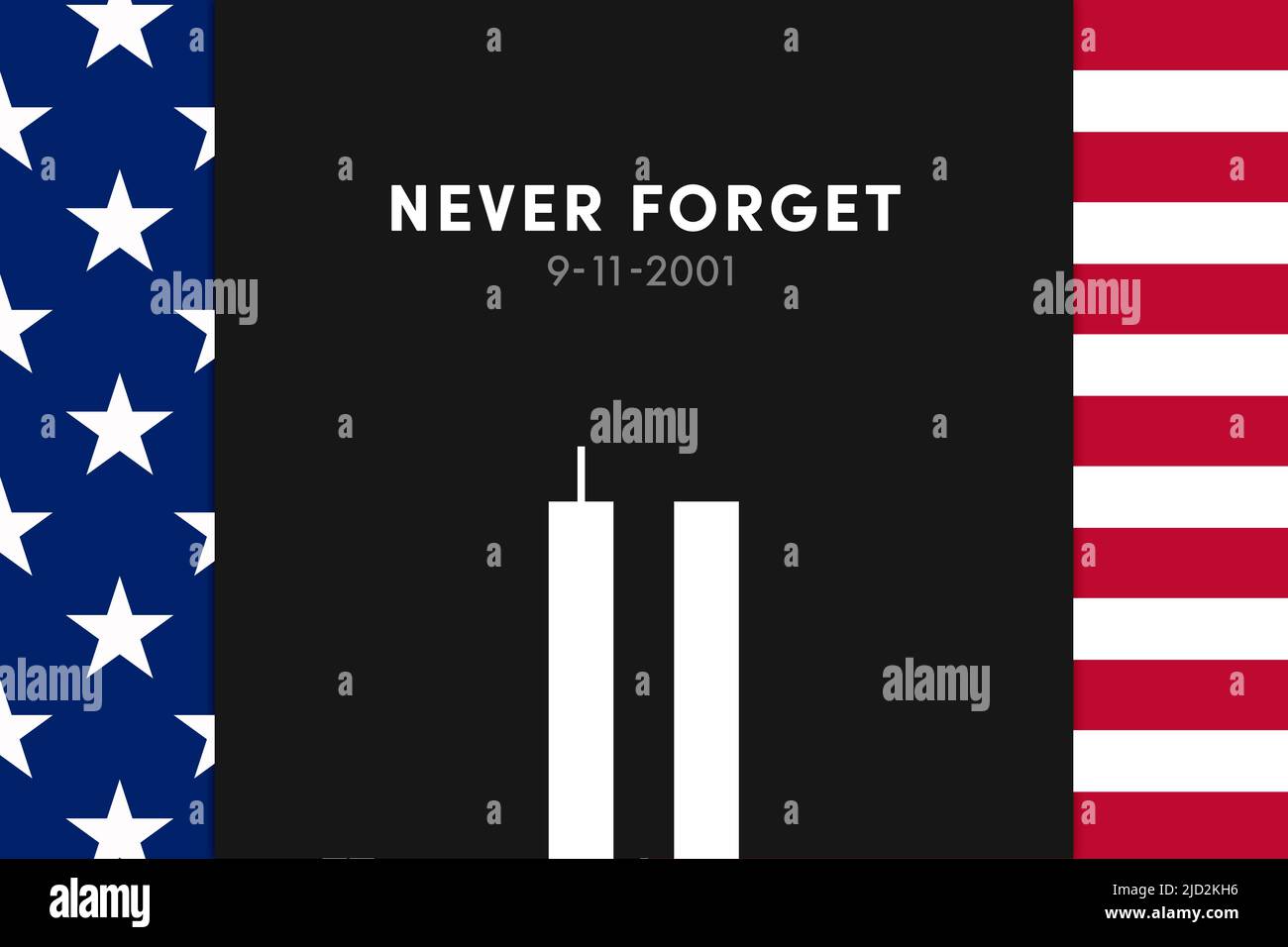 Remembering 9 11, September 11, Patriot day. Illustration of the Twin towers representing the number eleven. We will never forget the terrorist attack Stock Photo