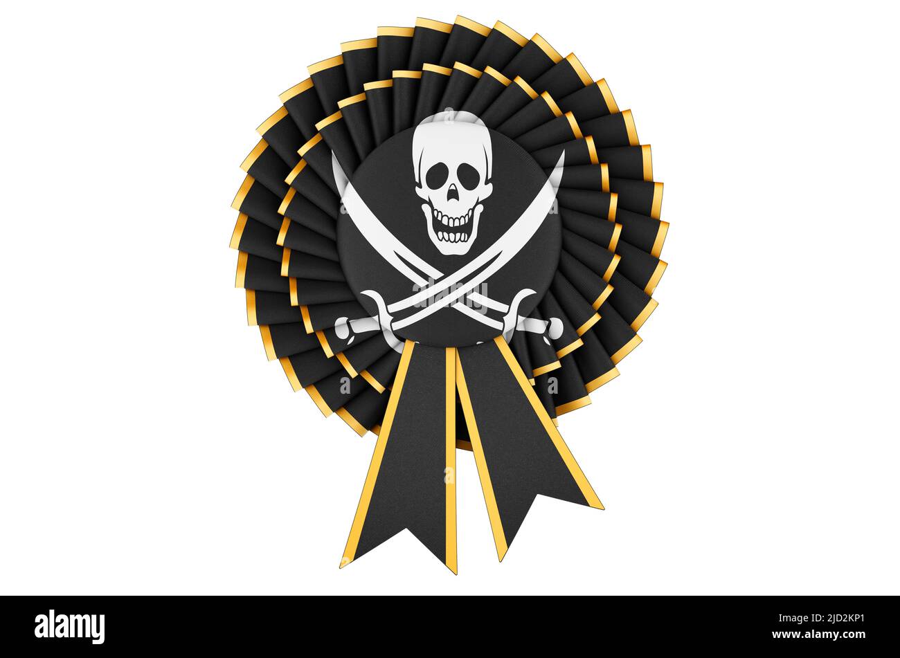 Piracy flag painted on the award ribbon rosette. 3D rendering isolated ...