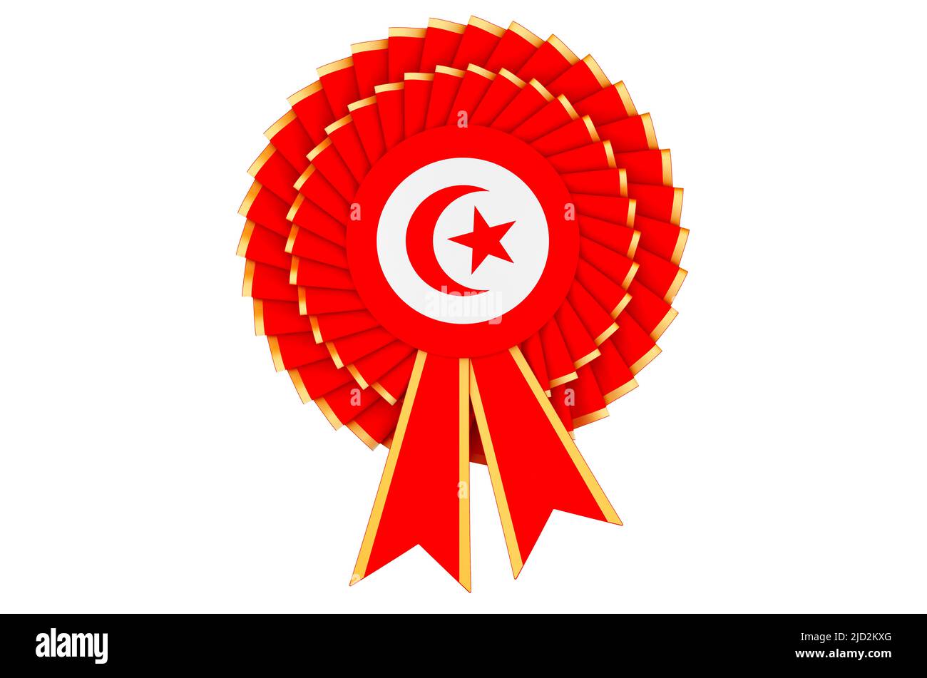 Tunisian flag painted on the award ribbon rosette. 3D rendering isolated on white background Stock Photo