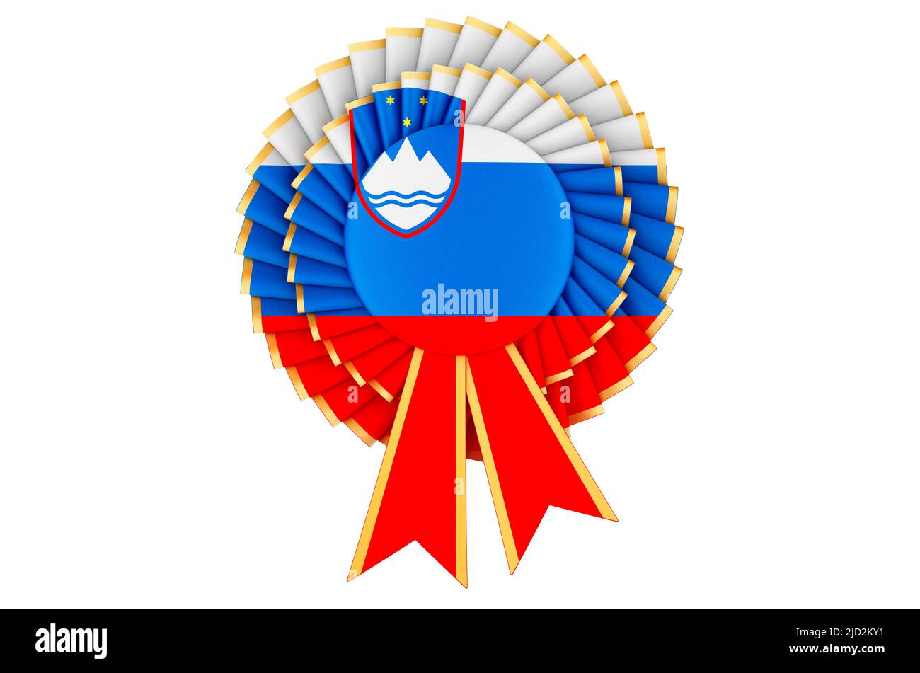 Slovenian flag painted on the award ribbon rosette. 3D rendering isolated on white background Stock Photo