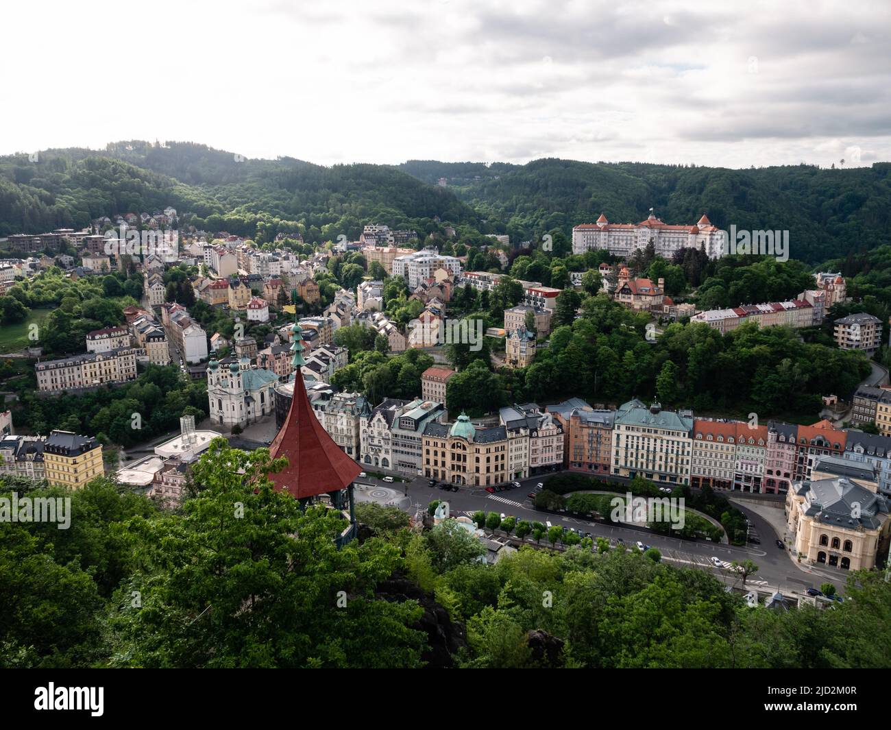 Karlovy Vary or Carlsbad Cityscape in Western Bohemia, Czech Republic with Mayer's Gloriet, seen from Jeleni Skok Stock Photo