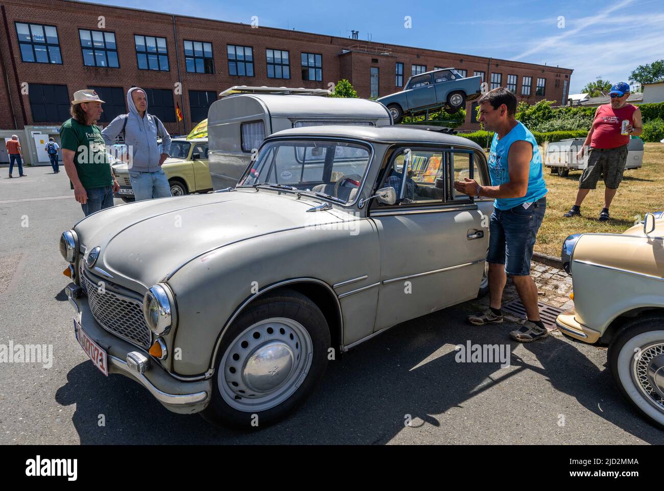 Zwickau, Germany. 17th June, 2022. Trabant fans will pitch their tents on the grounds of the former VEB Sachsenring Werk II for the 20th International Trabant Drivers' Meeting (ITT). Jens Bräutigam from Waldkirchen will be there with his P70 from 1958. 400 to 500 participants are expected. The anniversary meeting ends on Sunday (19.6.) with a Trabant parade. Credit: Kristin Schmidt/dpa-Zentralbild/dpa/Alamy Live News Stock Photo